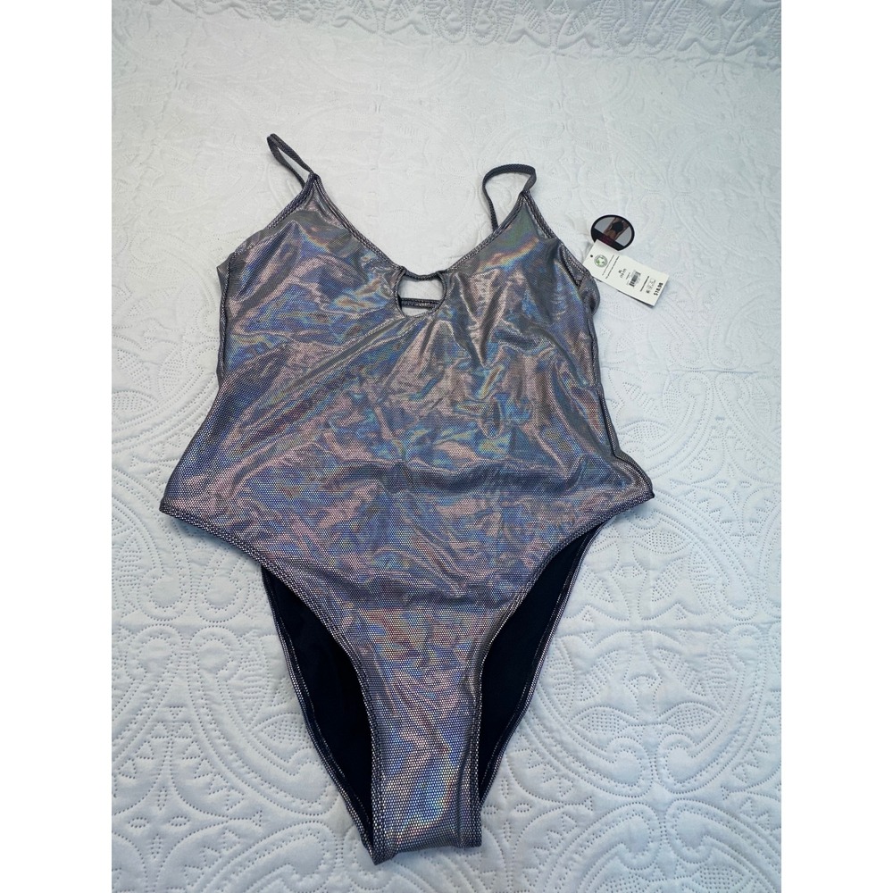No Boundaries Silver Holographic Metallic One Piece Swimsuit XL 15-17 Cheeky